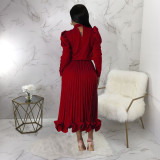 SC Fashion Puff Sleeve Pullover Ruffles Ruched Skirts Two Piece Set YF-10322