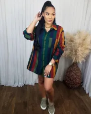 SC Multicolor Color Stripe Print Long Sleeve Shirt Dress BDF-7019