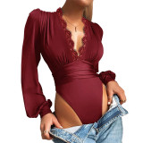 SC Solid Deep V-Neck Lace Splice Bodysuit YF-1255