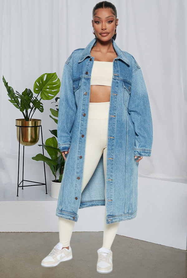 SC Plus Size Fashion Long Sleeve Denim Long Coat LX-5526