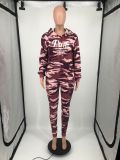 SC Casual PINK Letter Print Camo Sports Hoodies Two Piece Pants Set YIM-282