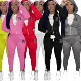 SC B Letter Print Solid Hoodies Sports Two Piece Pant Set XMF-176