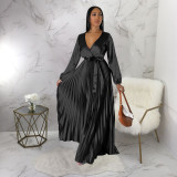 SC Fashion Solid V Neck Pleated Maxi Dress(With Waist Belt) YF-10334