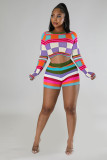 SC Color Contrast Long Sleeve Crop Pullover And Short 2 Piece Set ME-8227