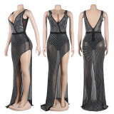 SC Plus Size Sexy Hot Drilling Perspective Sleeveless Irregular Dress NY-2526
