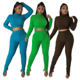 SC Solid Long Sleeve Short Pullover And Split Pant Two Piece Set ME-8232