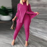 SC Plus Size Fashion Solid Color Split Tops And Tight Pant Two Piece Set NY-2595