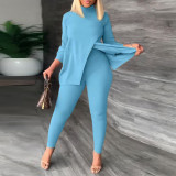 SC Plus Size Fashion Solid Color Split Tops And Tight Pant Two Piece Set NY-2595