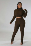 SC Solid Long Sleeve Short Pullover And Split Pant Two Piece Set ME-8232