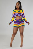 SC Color Contrast Long Sleeve Crop Pullover And Short 2 Piece Set ME-8227