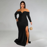 SC Plus Size Sexy Off Shoulder Solid Color Split Maxi Dress NNWF-7751