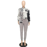 SC Casual Print Long Sleeve Jacket Coat And Tight Pants Two Piece Set SMF-81148