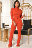SC Solid Color High Collar Tops And Ruched Pant Two Piece Set OMY-81063