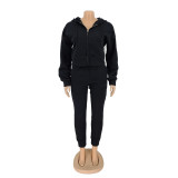 SC Solid Zipper Sweatshirt Fleece Warm Sport Two Piece Set AIL-229