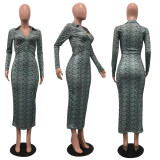 SC Casual Print O Neck Slim Long Dress OD-8516
