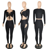 SC Solid Bandage Long Sleeve Crop Top And Pencil Pant Two Piece Set PIN-8715