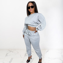 SC Solid Color Puff Sleeve Sweatshirt And Sport Pant Two Piece Set LSD-83155