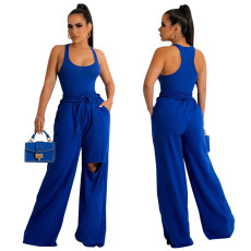 SC Solid Color Sleeveless Bodysuit Ripped Hole Wide Leg Pants Set YF-10294