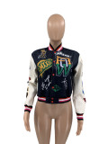 SC Fashion Printed Rib Color Block Splicing Baseball Jacket JRF-3717