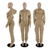 SC Irregular Zipper Hooded Sweatshirt And Pocket Pant Two Piece Set YIBF-60185