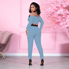 SC Sexy Off Shoulder V Neck Crop Tops And Slim Pant Two Piece Set YIM-283