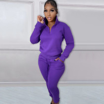 SC Solid Plush Zipper Pullover And Sport Pant Casual Two Piece Set NYF-8126