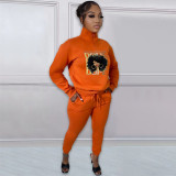 SC Print Plush Long Sleeve Pullover Tops And Sport Pant Two Piece Set NYF-8127