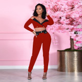 SC Sexy Off Shoulder V Neck Crop Tops And Slim Pant Two Piece Set YIM-283
