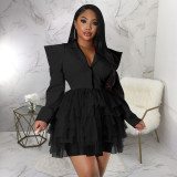 SC Mesh Splicing V Neck Right Angle Shoulder Mini Dress YF-10336