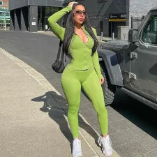 SC Solid Color Zipper Coat And High Waist Pant Two Piece Set ME-8238
