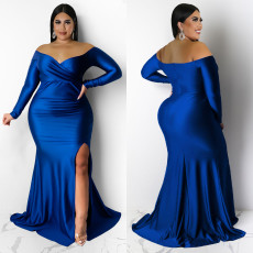 SC Plus Size Sexy V Neck Solid Color Split Maxi Dress NNWF-7749