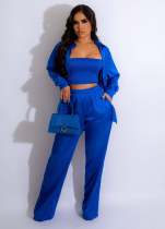 SC Solid Color Tube Tops+Cardigan Coat+Wide Leg Pant Two Piece Set ZNF-9172