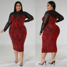 SC Plus Size See Through Patchwork Long Sleeve Midi Dress NNWF-7747