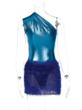 SC Fashion Sexy Single Shoulder Bodysuits Plush Skirt Suit BLG-289860