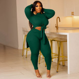 SC Plus Size Solid Bandage Split Tops And Tight Pant Two Piece Set YNSF-1869