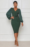 SC Solid Color Long Sleeve Slim Midi Dress XHXF-336