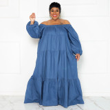 SC Plus Size Denim Off Shoulder Ruffle Big Swing Maxi Dress NNWF-7537