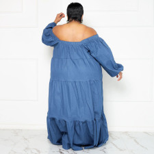 SC Plus Size Denim Off Shoulder Ruffle Big Swing Maxi Dress NNWF-7537