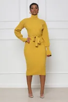 SC Solid Color High Collar Knits Tie Up Midi Dress TR-1237