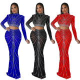 SC Sexy Hot Drilling Long Sleeve Evening Two Piece Skirts Set CYA-900136