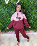 SC PINK Letter Print Color Blocking Hooded Two Piece Set XMF-182