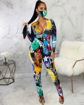 SC Graffiti Print Long Sleeve Splicing Pant Skinny Two Piece Set GDNY-2207