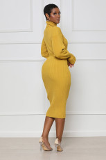 SC Solid Color High Collar Knits Tie Up Midi Dress TR-1237