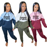 SC PINK Letter Print Color Blocking Hooded Two Piece Set XMF-182