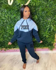 SC PINK Letter Print Color Blocking Hooded Two Piece Set XMF-182