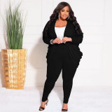 SC Plus Size Solid Color Ruched Cardigan And Pant Two Piece Set XHSY-19495