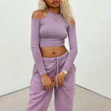 SC Off Shoulder Crop Tops And Loose Pant Casual Sport Two Piece Set MUKF-092