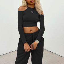 SC Off Shoulder Crop Tops And Loose Pant Casual Sport Two Piece Set MUKF-092