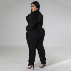 SC Plus Size Solid Color Ruched Long Sleeve Two Piece Pants Set NNWF-7758
