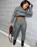 SC Letter print Hooded Crop Top And Pant Sweatshirt 2 Piece Set CXLF-8093